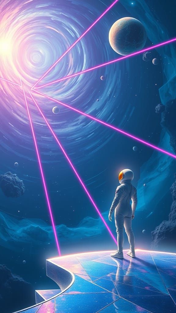 Astronaut Gazing at Cosmic Vortex in Futuristic Sci-Fi Art
