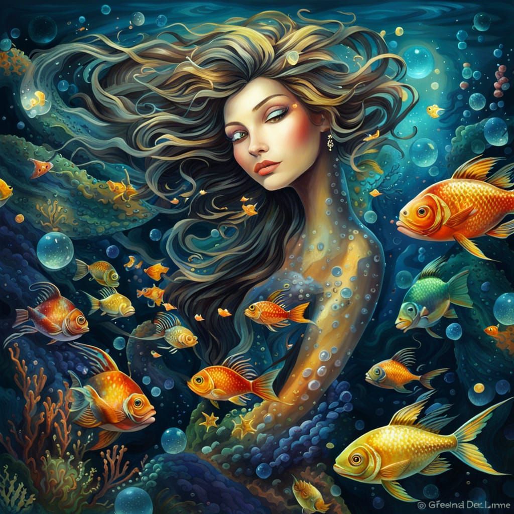 Enchanting Mermaid in Tropical Fish Ink Seascape