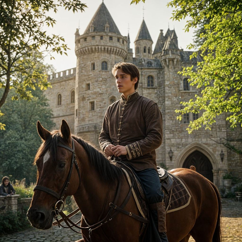 Young Noble on Horseback in Medieval Castle