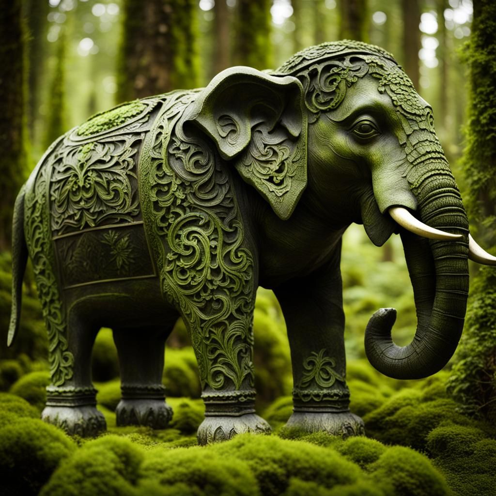Carved Elephant Statue in Mossy Forest