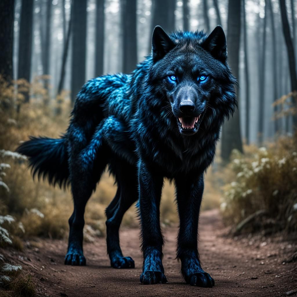 Vantablack Dire Wolf with Crystal Eyes in Hyperrealistic Sty...