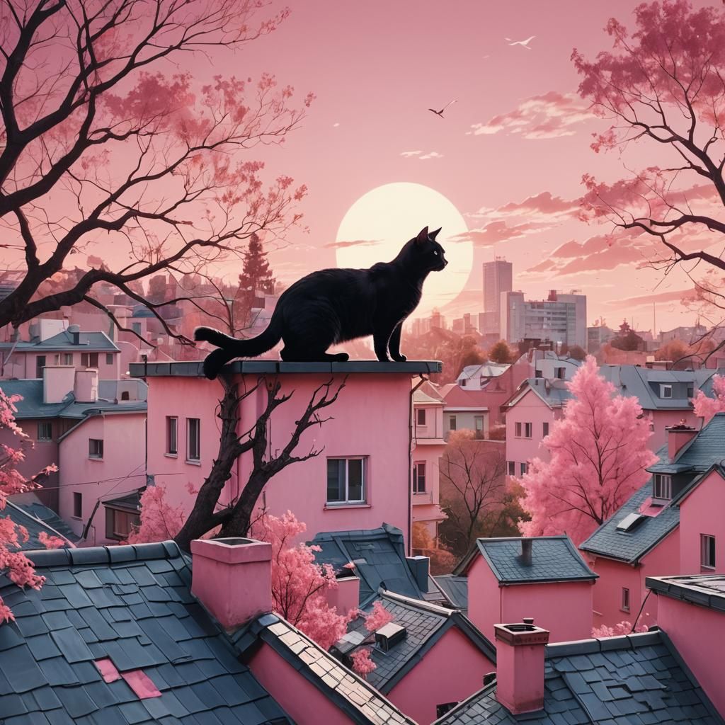 Cat Double Exposure with Lush Foliage, Digital Art