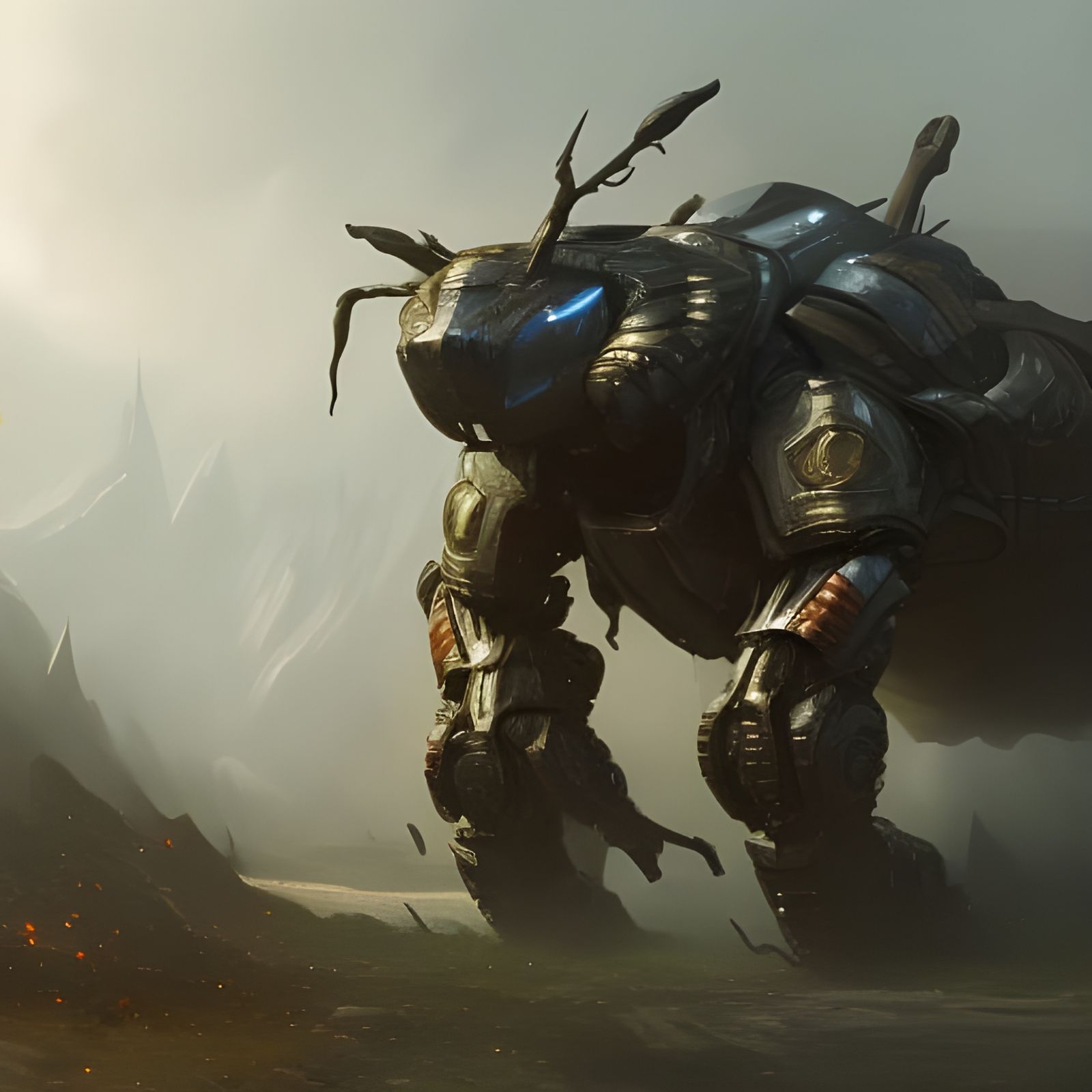 Heavily Armored Battle Drone in Fantasy Landscape