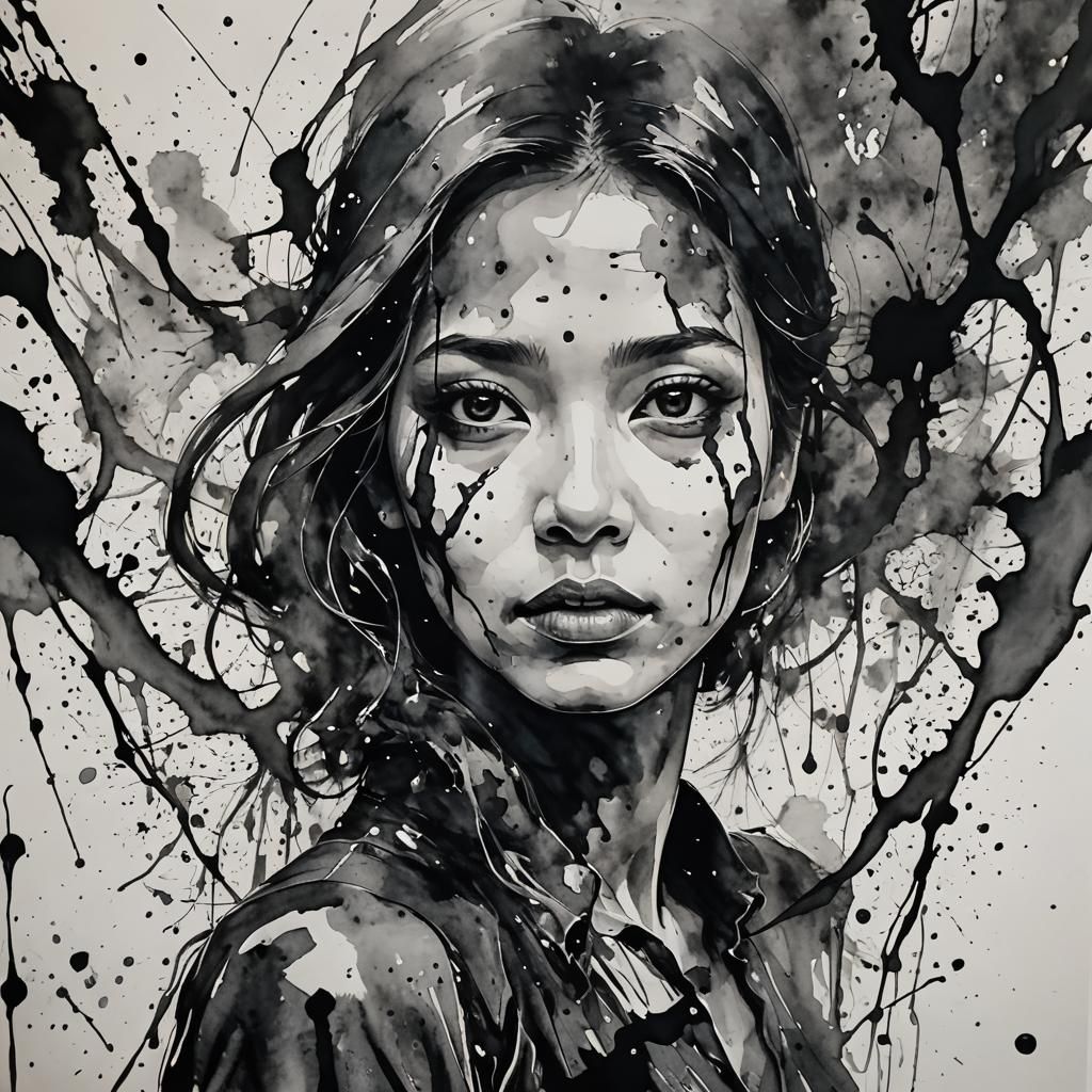 Dramatic Ink Portrait in Abstract Expressionist Style