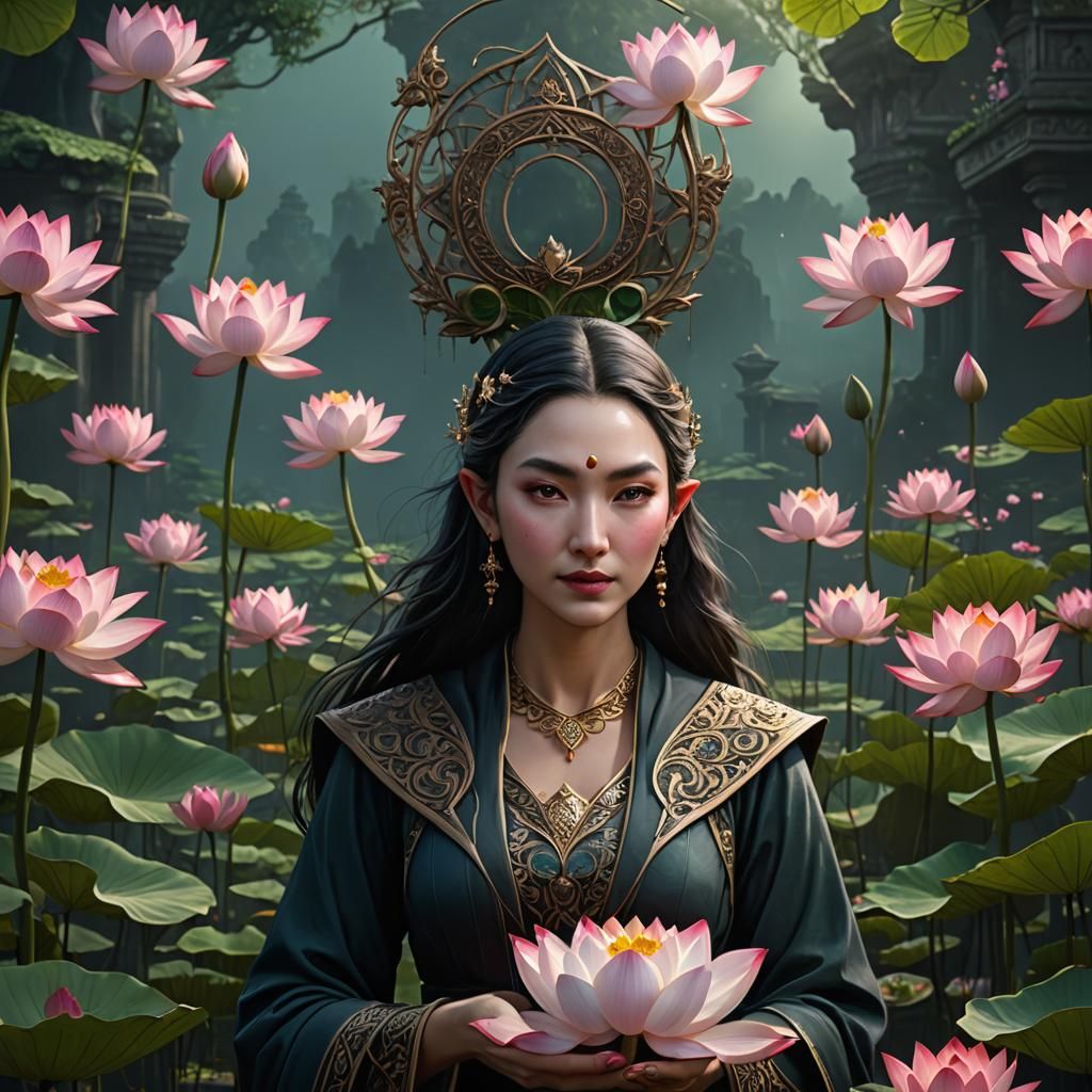 Lotus Crowned Woman: Detailed Fantasy Concept Art