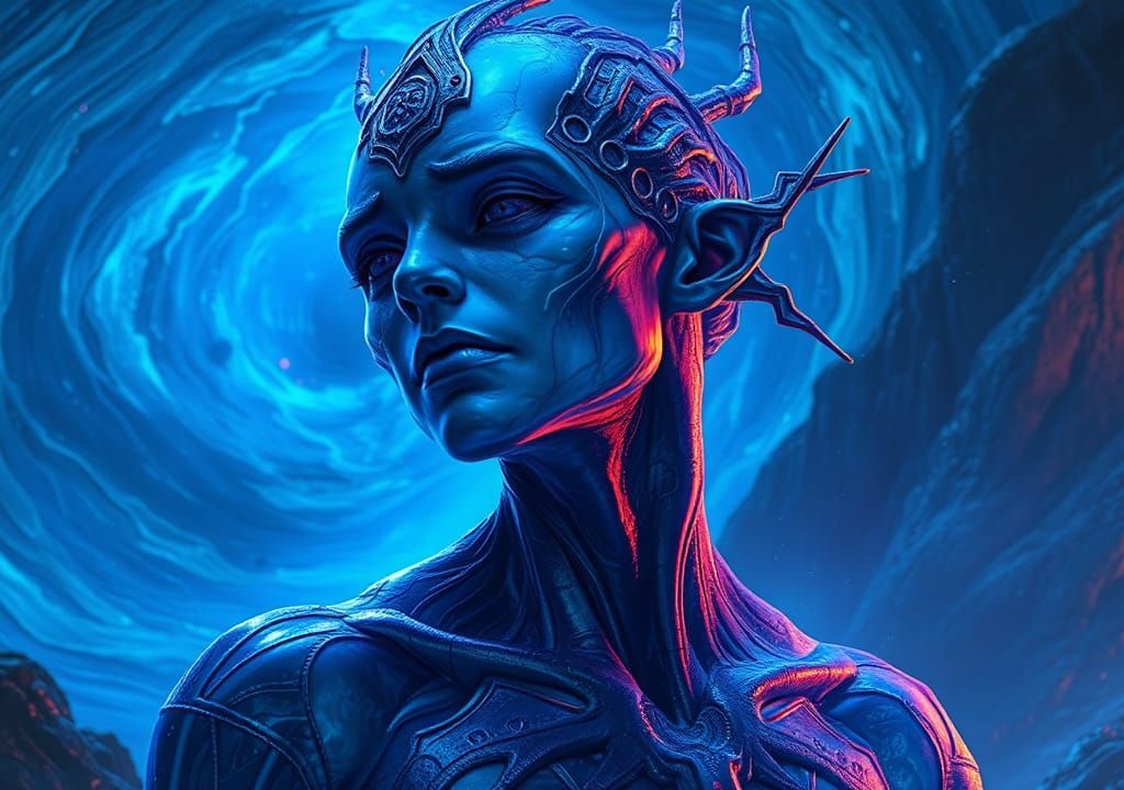 Iridescent Alien in Aurora Landscape, Digital Art