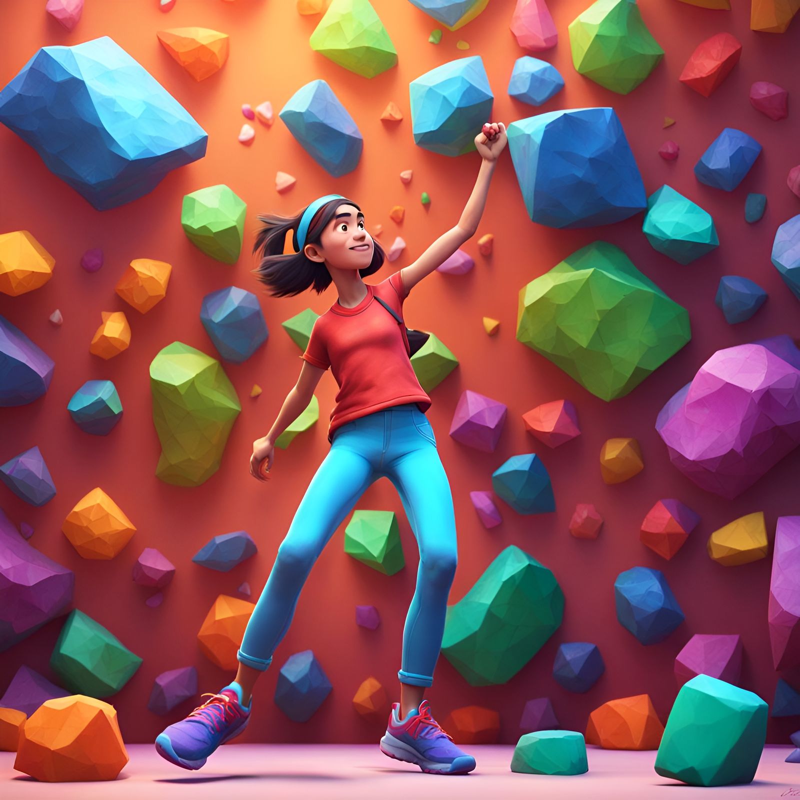Girl Bouldering in Disney Pixar 3D Style