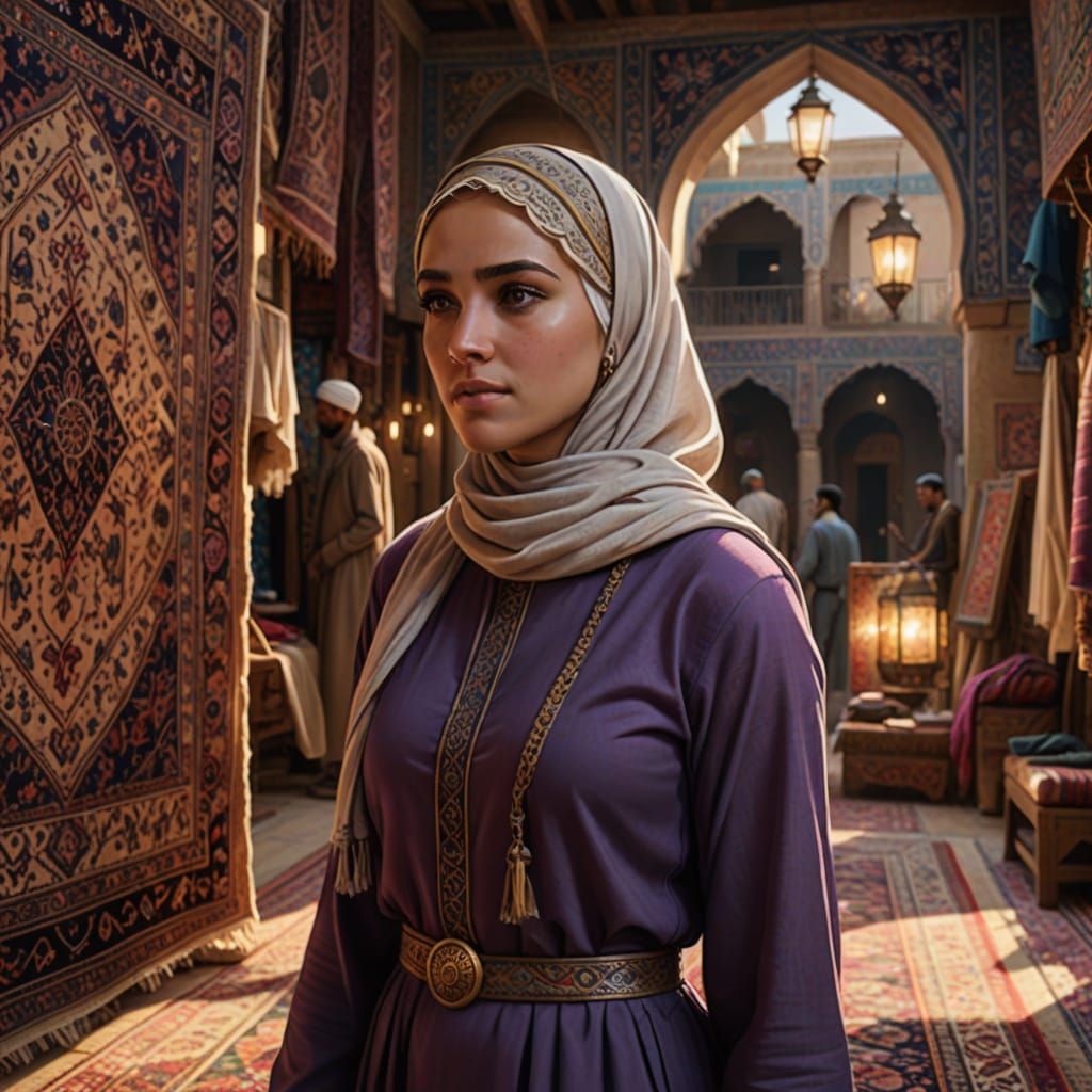 Persian Art Style Concept: Girl with Carpet Seller