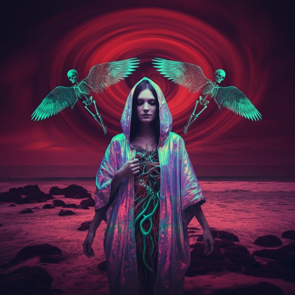 Dystopian Beachscape with Neon Hues and Alien Landscape