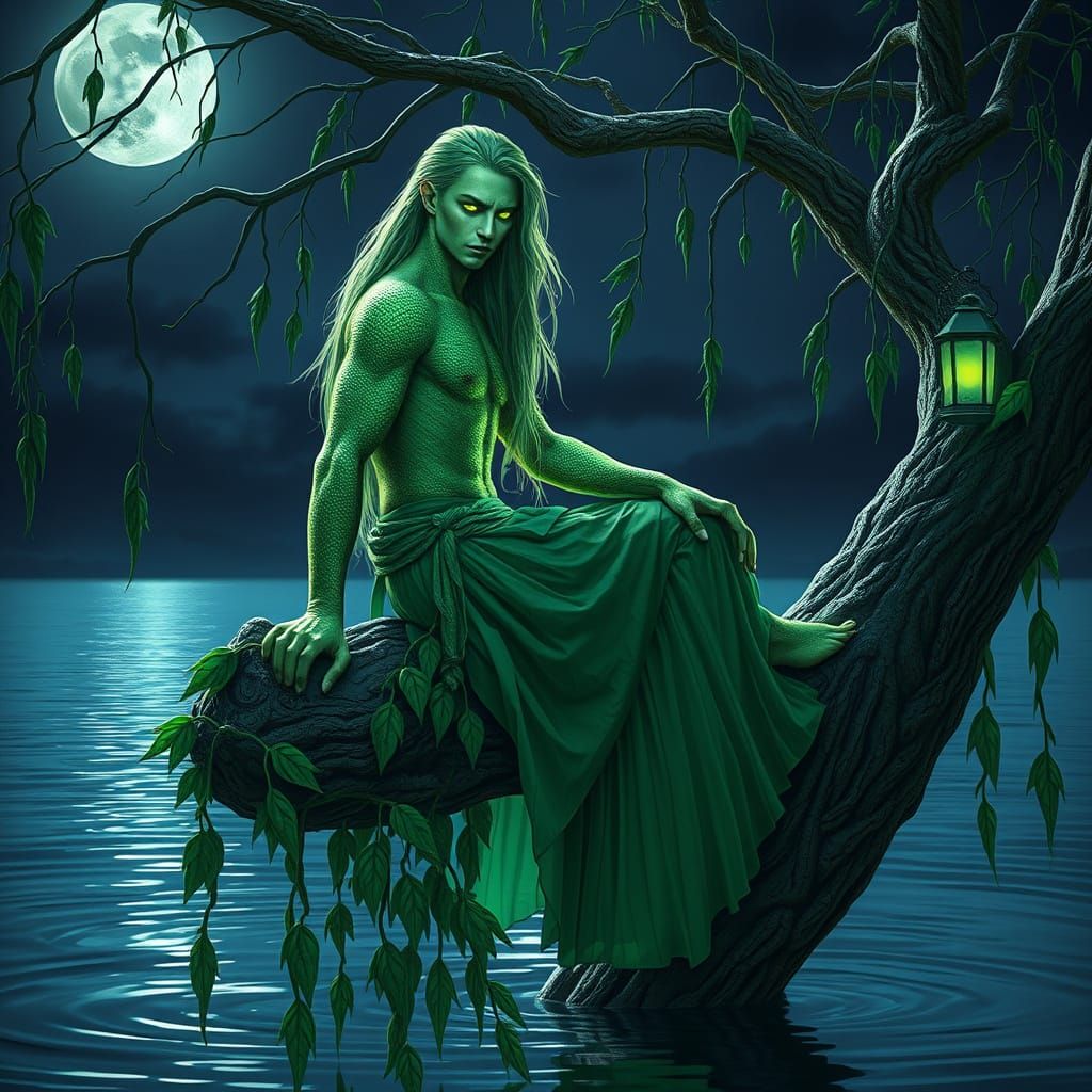 Mystical Green-Eyed Man Sits on Willow Tree by Moonlit Lake