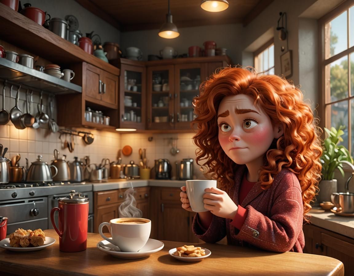Grumpy Redhead with Coffee: Pixar-Style 3D Digital Art