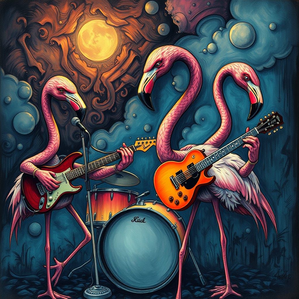 Mystical Flamingo Rock Stars in a Vibrant, Hyperrealistic Sc...