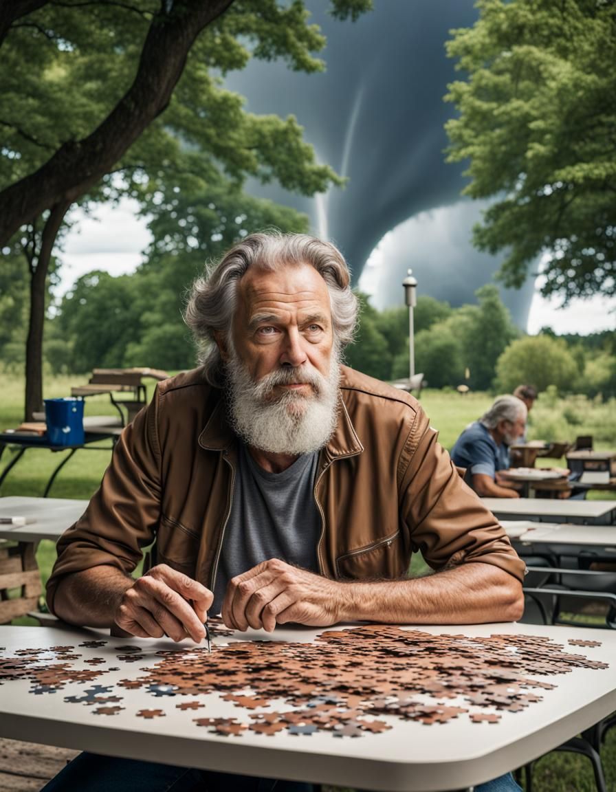 Man Doing Jigsaw Puzzle with Tornado in Background
