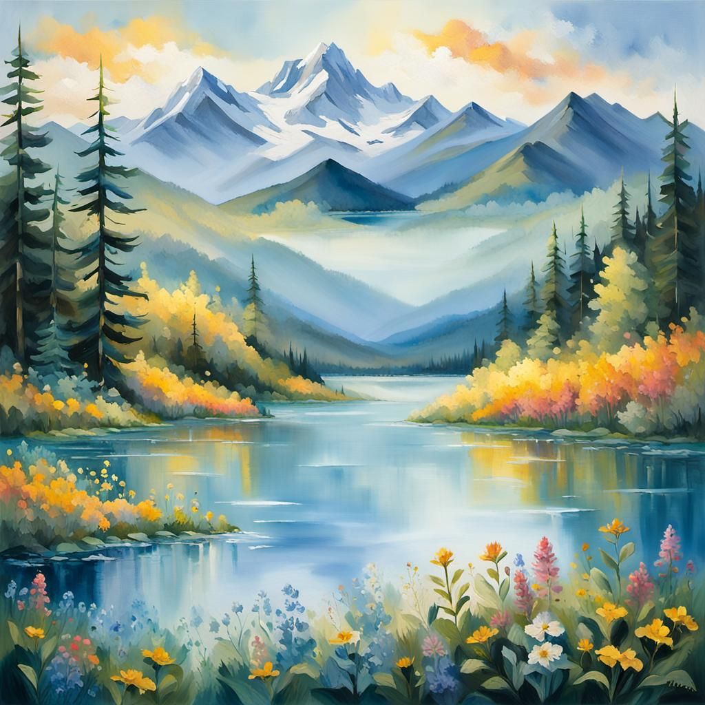 Impressionist Landscape with Golden Light and Wildflowers