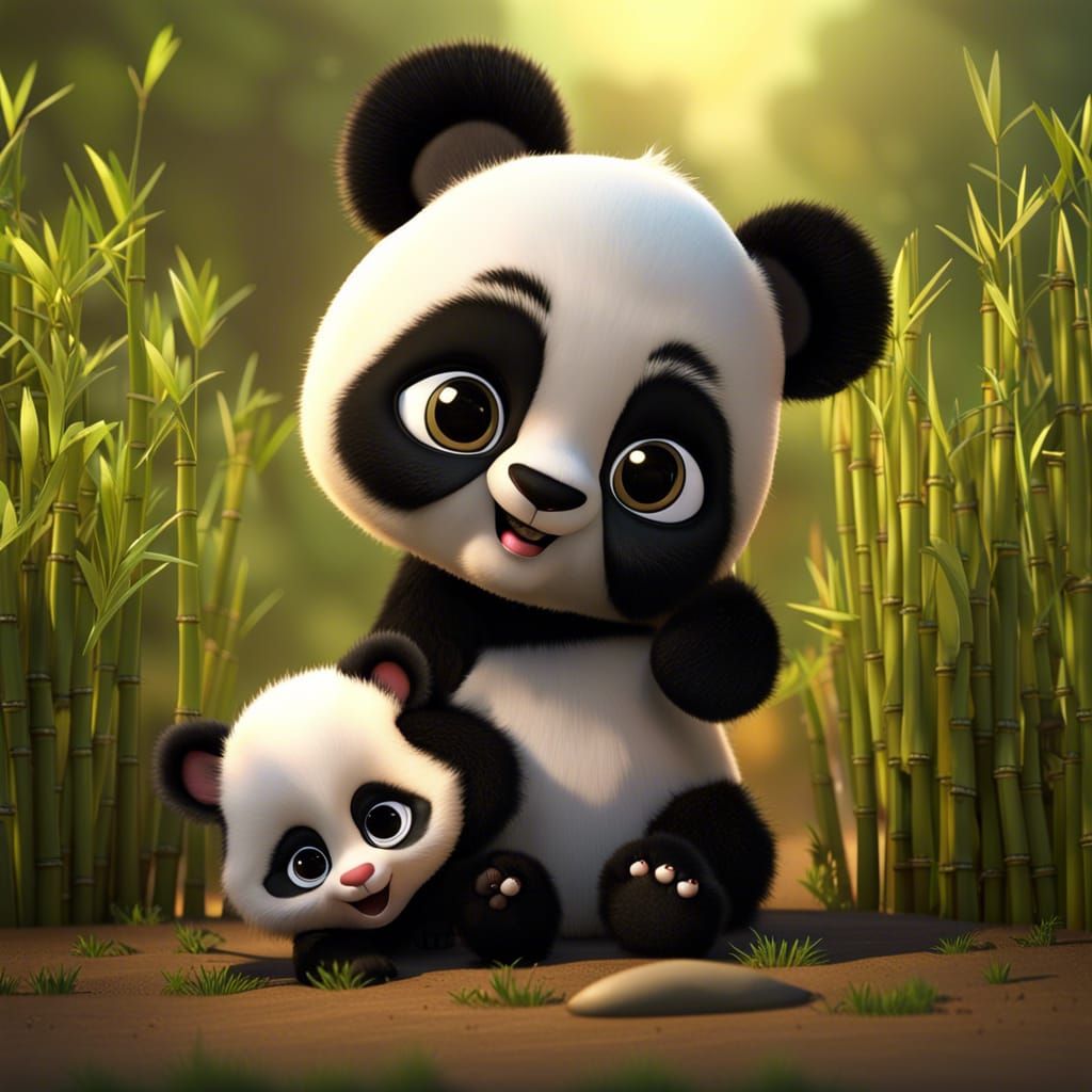 Cute Panda and Cat Kiss: Pixar-Style 3D Render