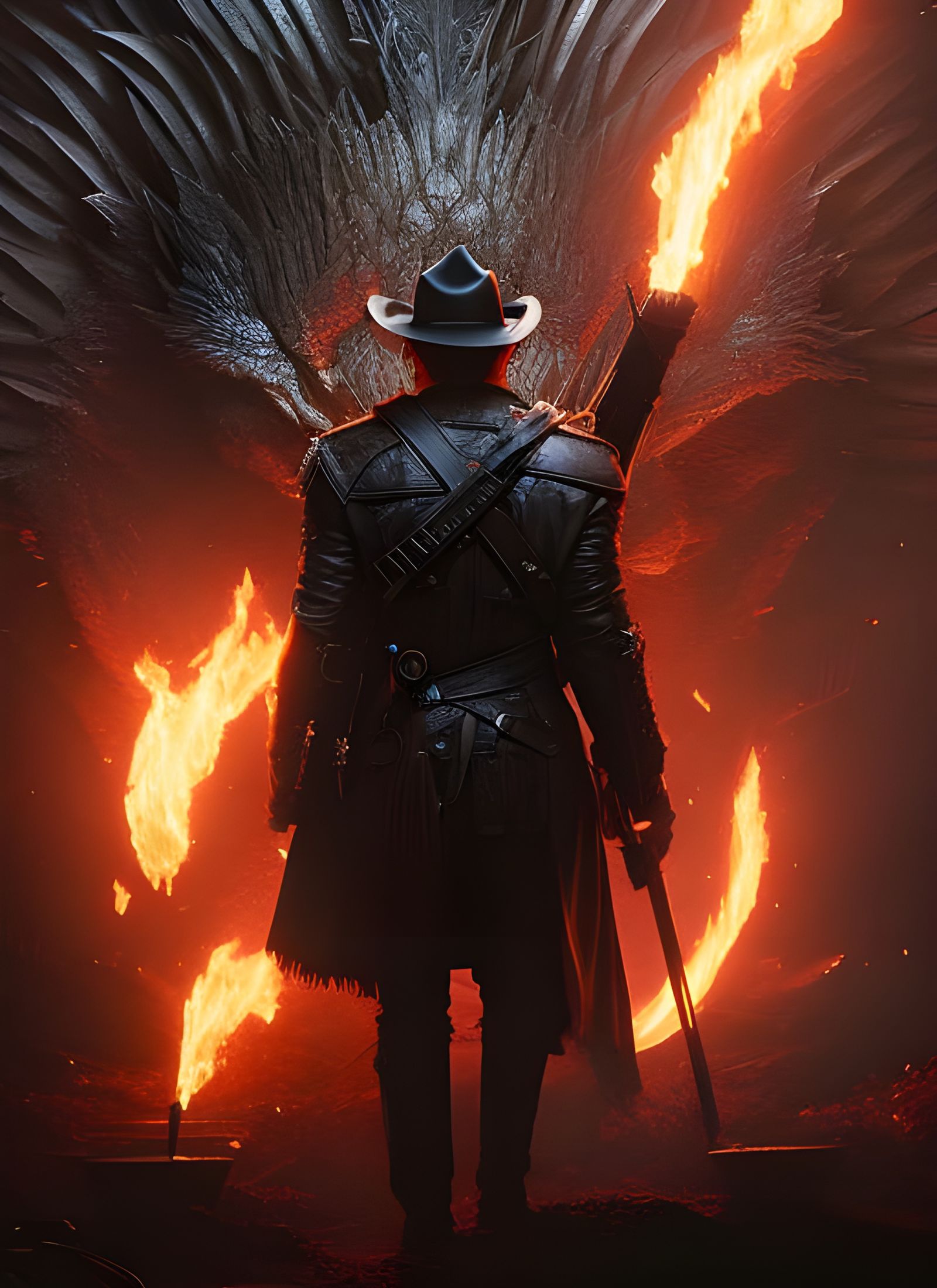 Dark Cowboy Skull Figure in Flames: Digital Art