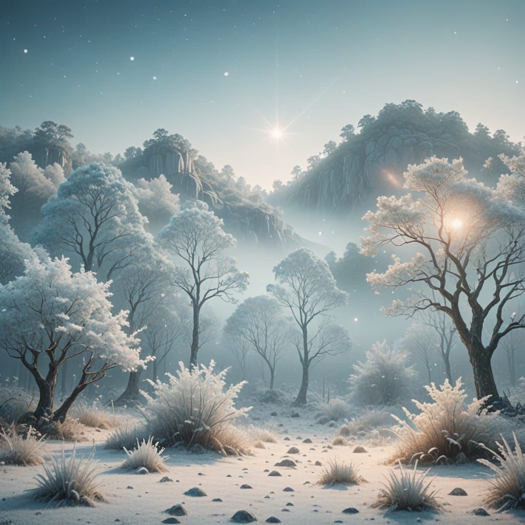 Misty Forest at Dawn with Glowing Crystals