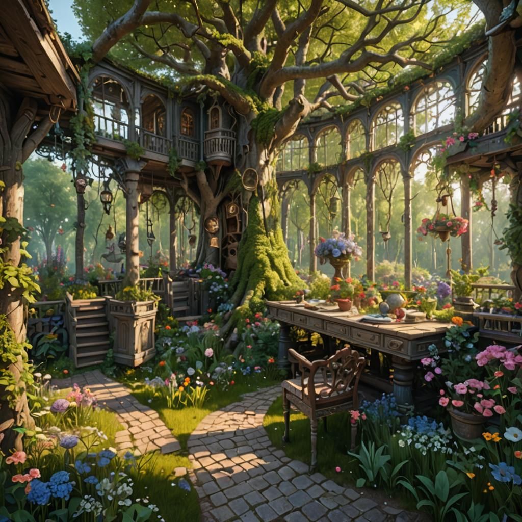 Hyperrealistic Russian Garden Treehouse, Detailed Digital Ar...