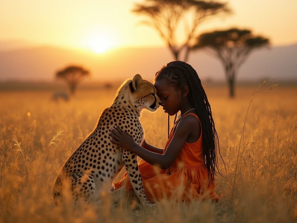 Girl and Cheetah in Golden Light, Photorealistic Image