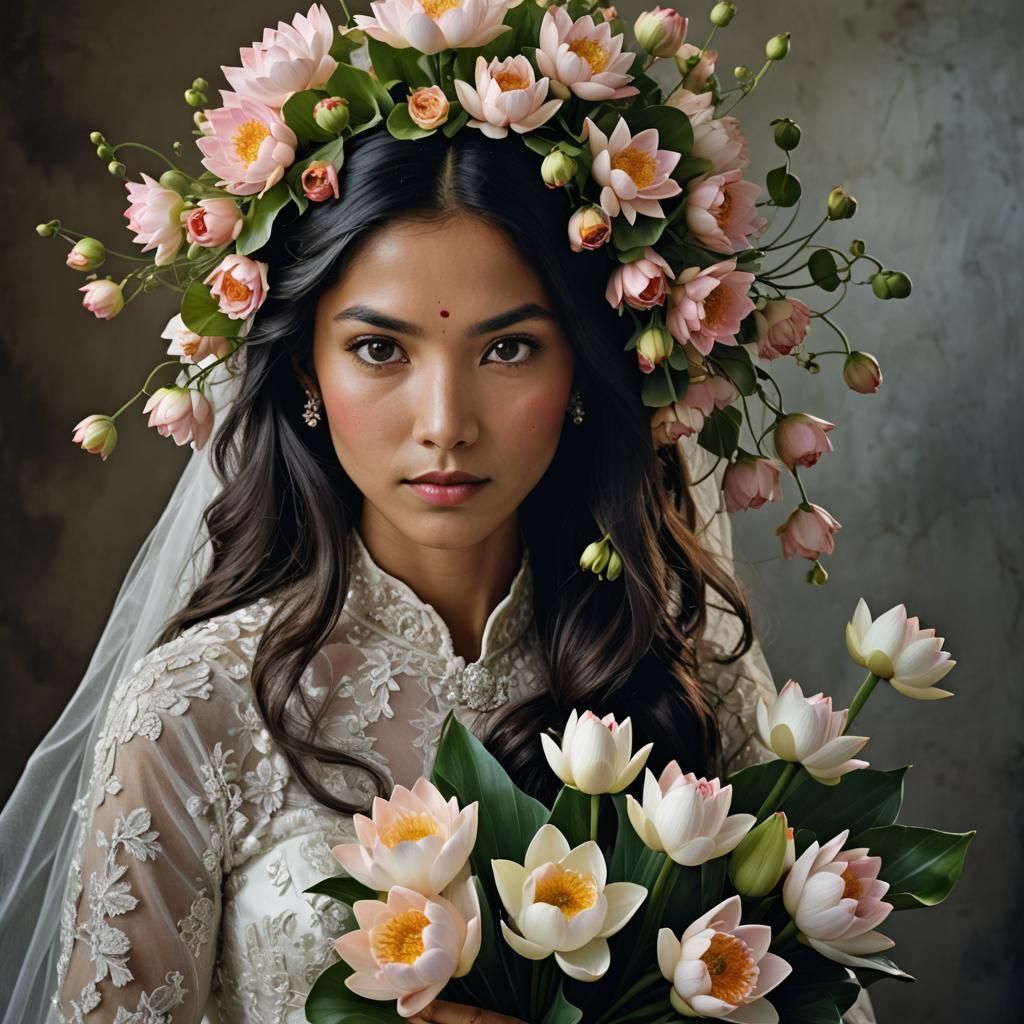 Girl in Wedding Dress with Lotus Bouquet