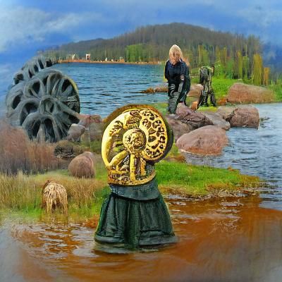 Detailed Gold Millstone Machine with Heroes, Kalevala Art