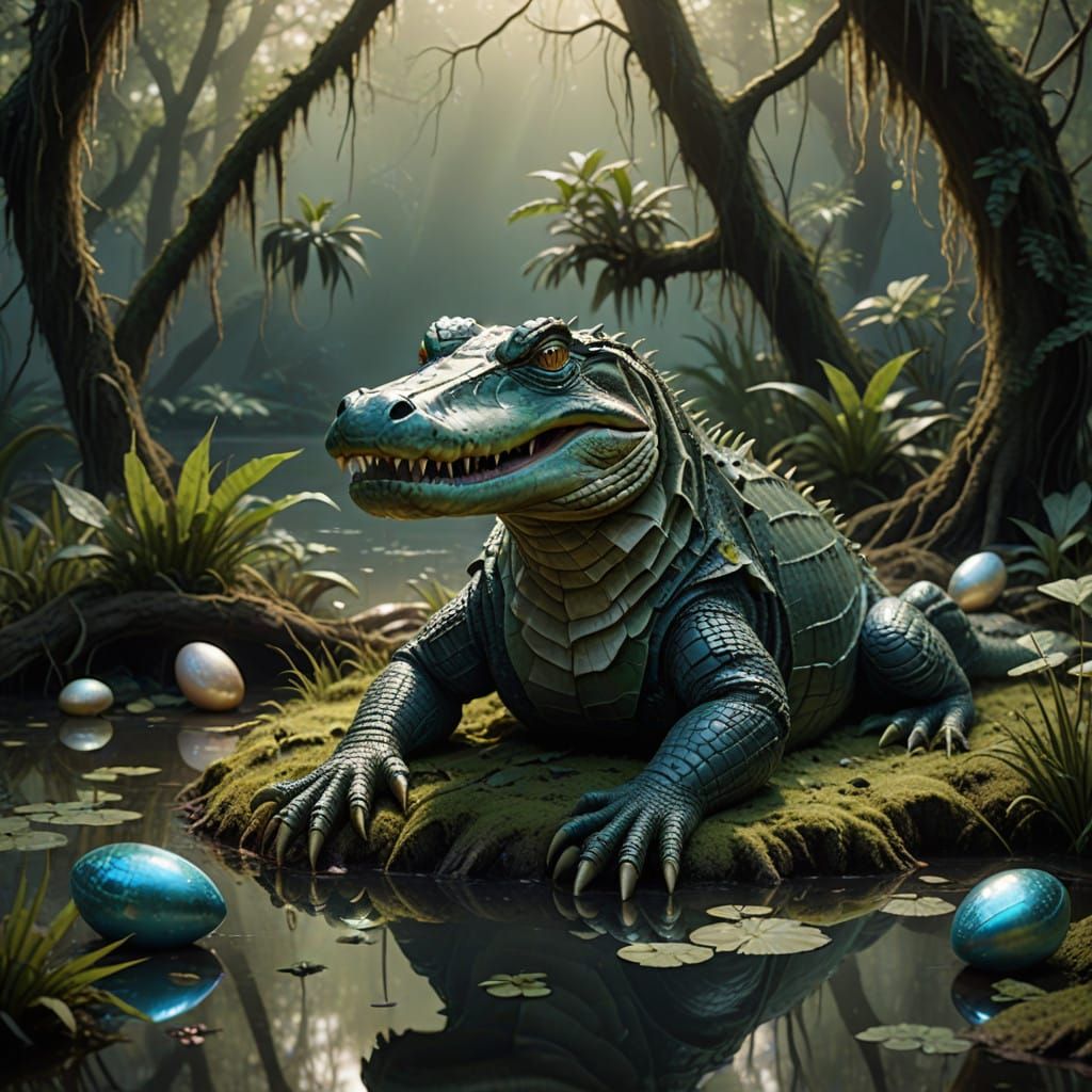 Surreal Alligator Goddess Guards Iridescent Eggs in a Primor...