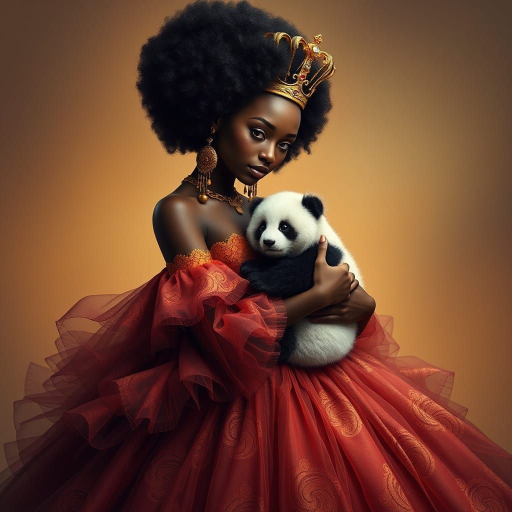 Regal Queen with Panda in Kente Cloth Gown