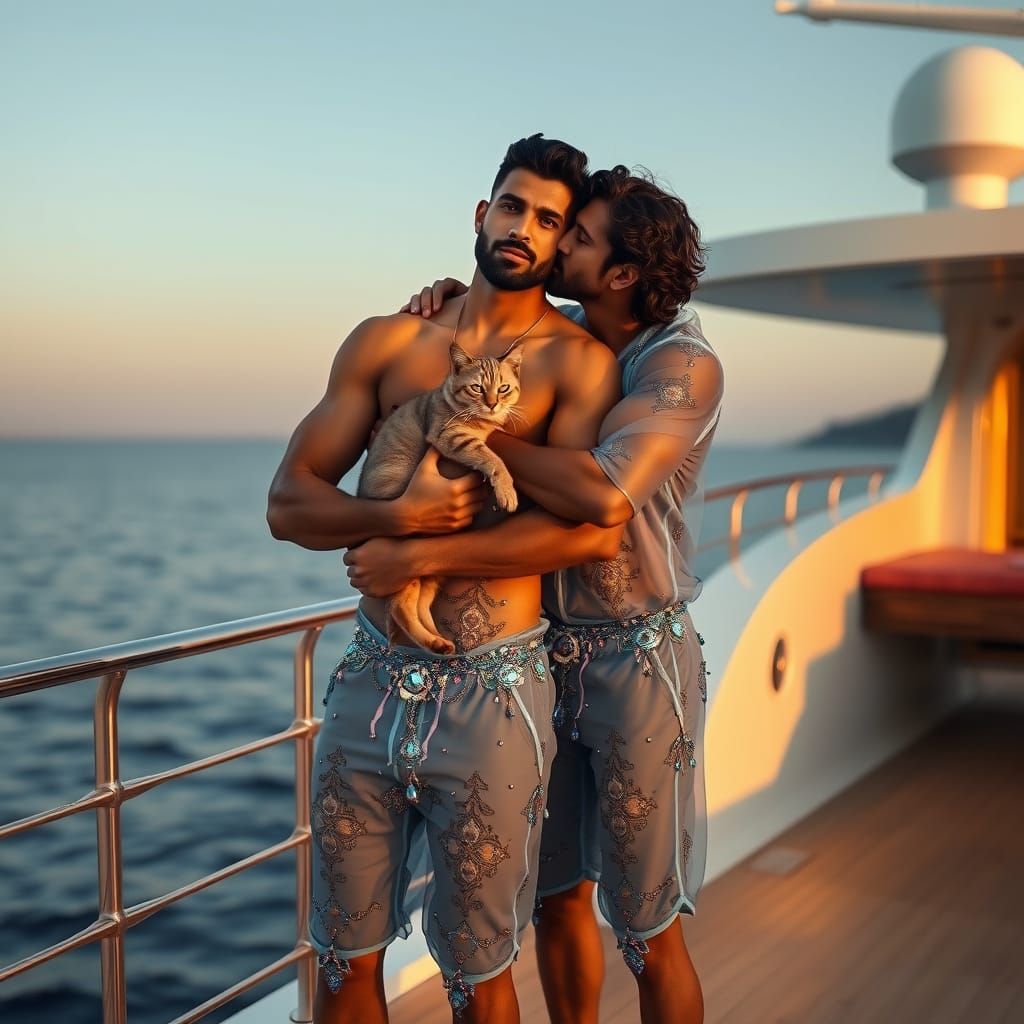 Romantic Embrace on Yacht: Indian Men in Embroidered Jumpsui...
