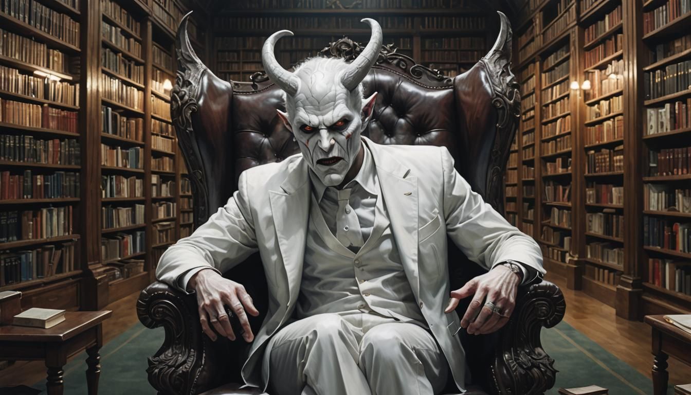 Photorealistic White Satan in Library Armchair