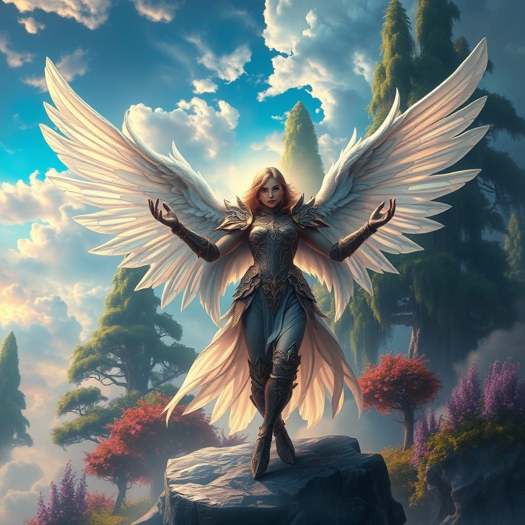 Angel in Lush, Dreamlike Realm with Vibrant Foliage and Anci...
