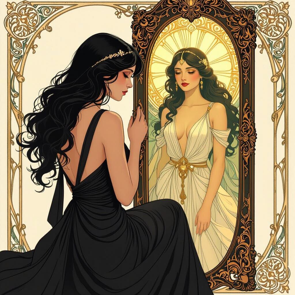 Dual Goddess Reflection in Art Nouveau Style