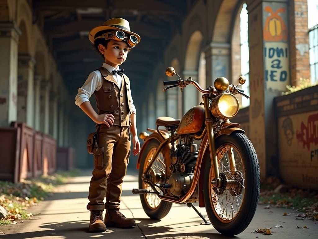 Steampunk Boy and Bike at Abandoned Station