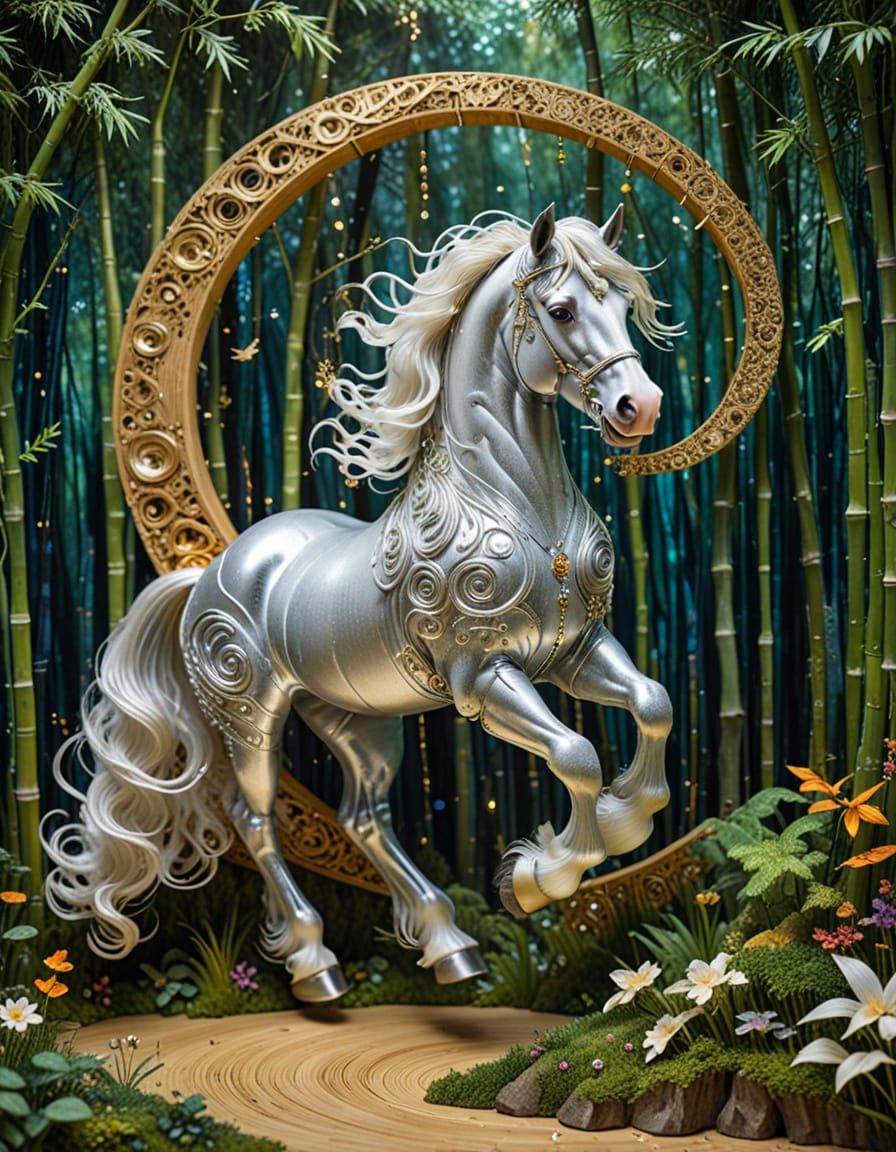 Gypsy Horse in Cosmic Bamboo Forest, Klimt Style