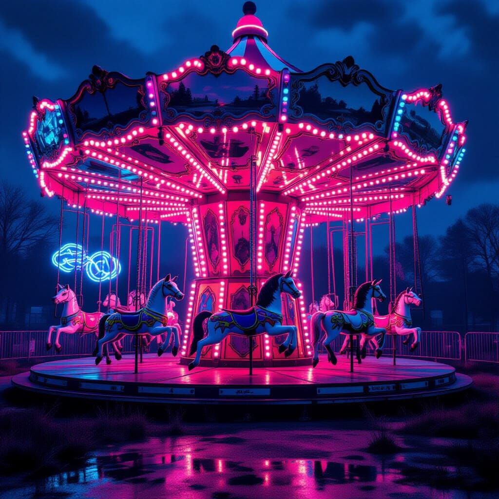 Neon Mythical Carousel in Abandoned Future Circus