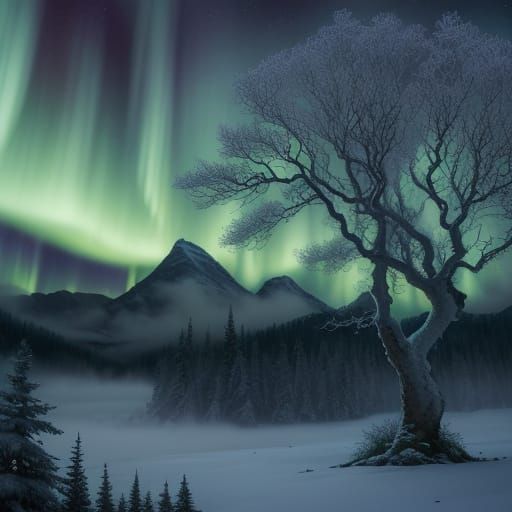 White Auroras Shine Over Misty Winter Forest