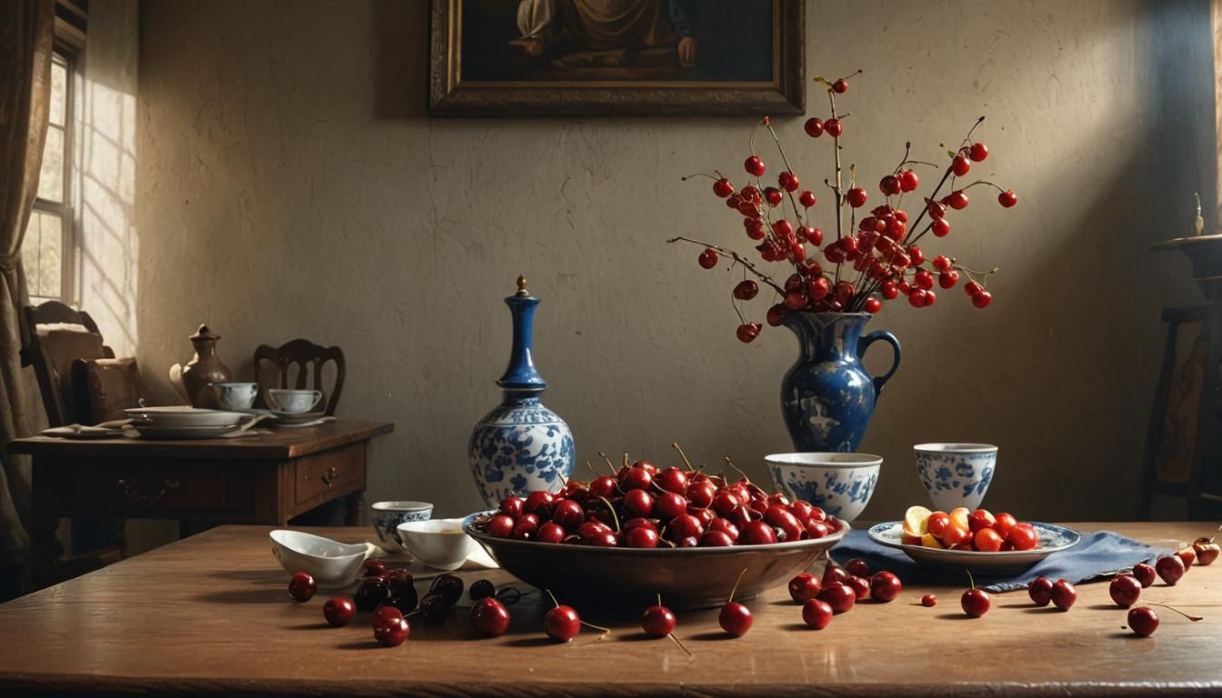 Cherries in the style of Vermeer