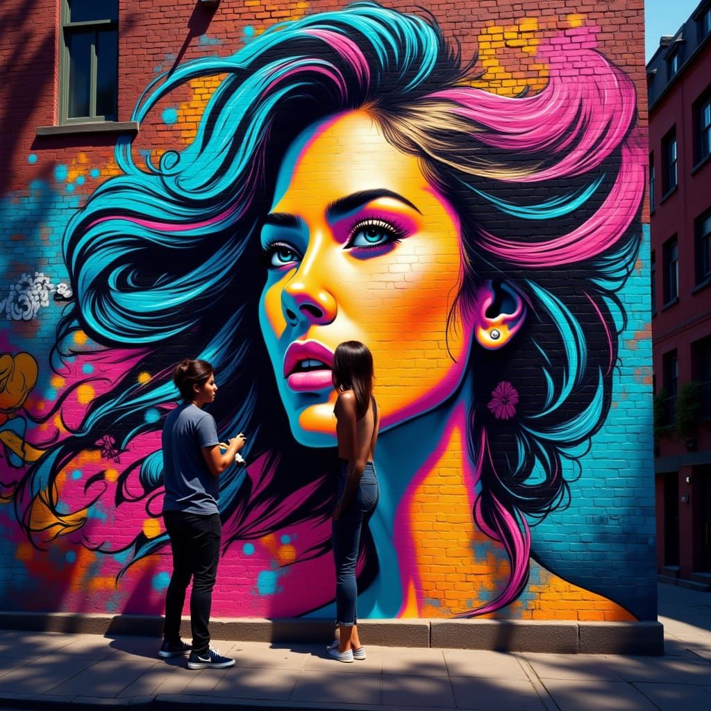 Vibrant Street Art Mural of Woman on Graffiti Wall