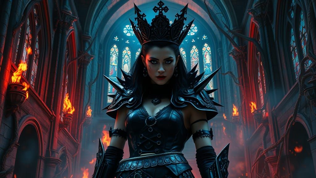 Gothic Punk Queen Reigns Amidst Fiery, Haunting Cathedral