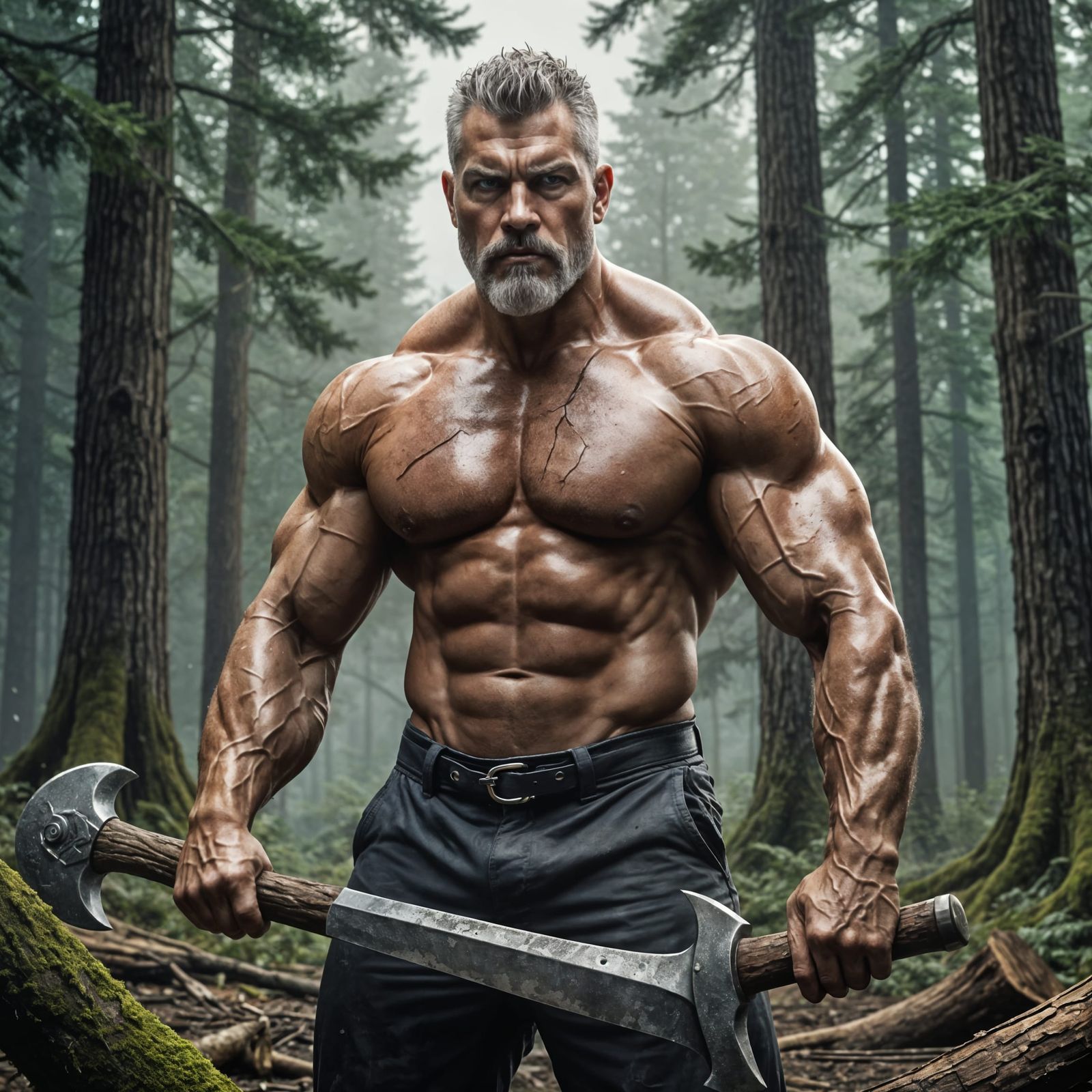 Muscular Woodsman with Axe: Hyperrealistic Digital Art