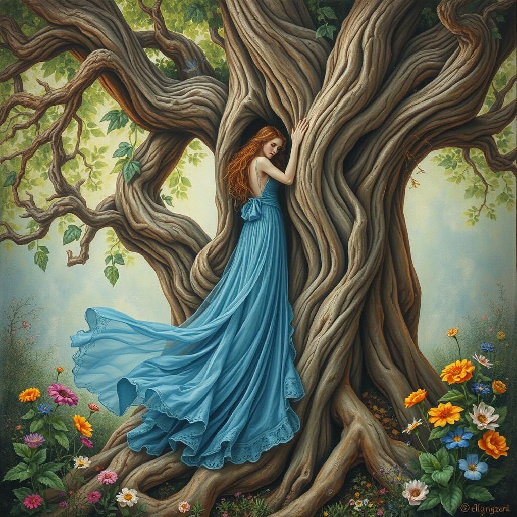 Enchanted Woman Woven into Ancient Tree, Impasto Painting
