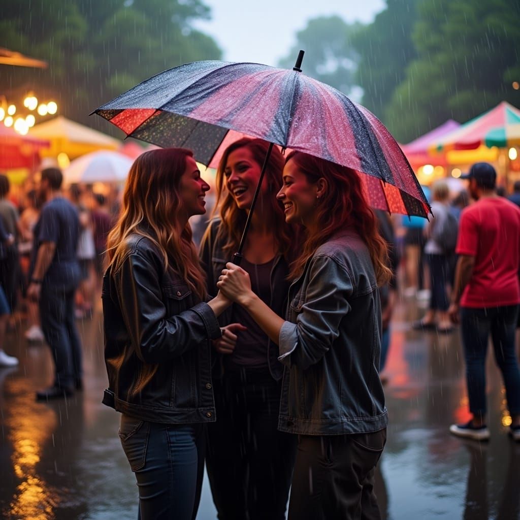 Friends Share Umbrella at Rainy Street Food Market