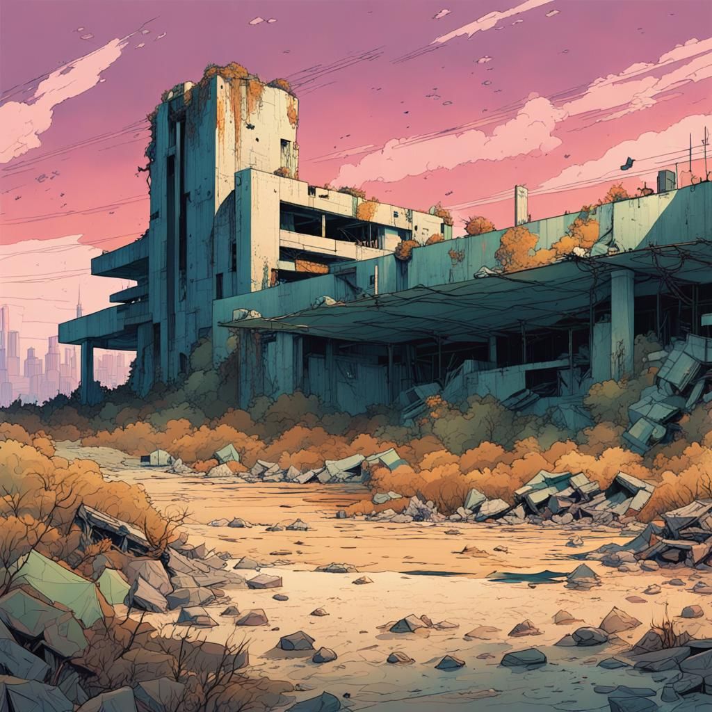 Post-Apocalyptic Military Base in Neo-Noir Comic Style