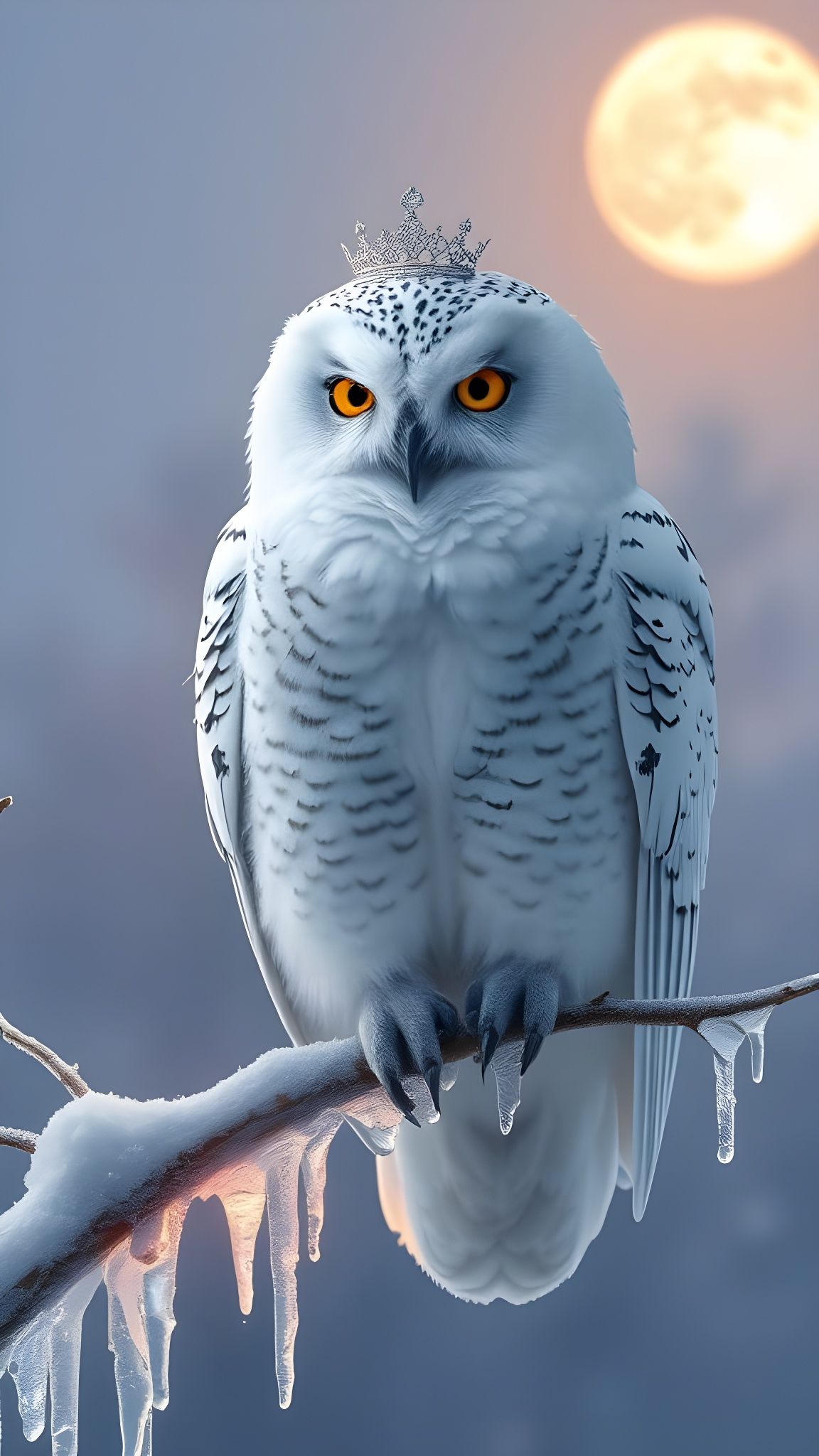 Majestic Snowy Owl on Glowing Icicle Branch in Winter Wonder...