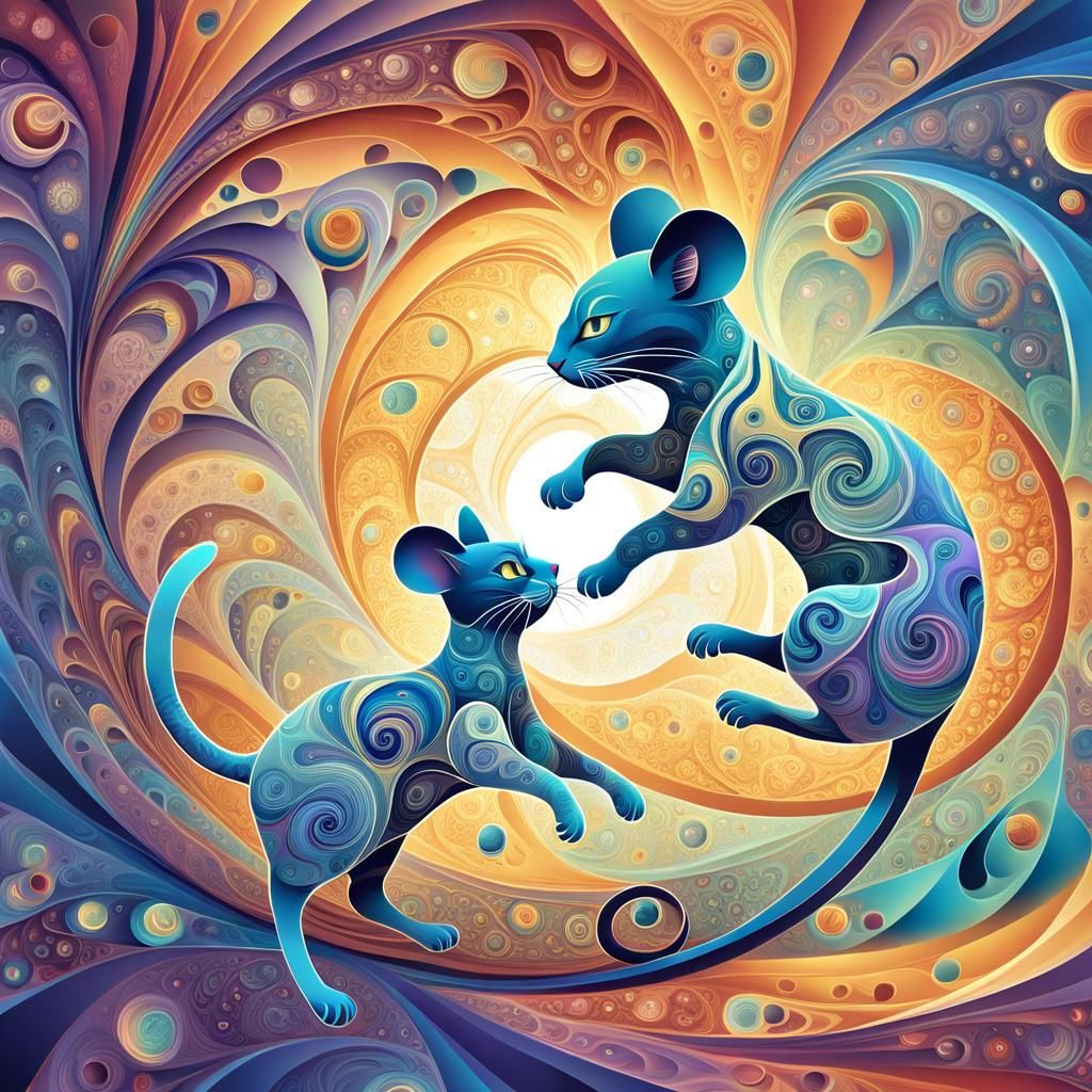 Mouse and Cat Dance in Fractal Zentangle Space