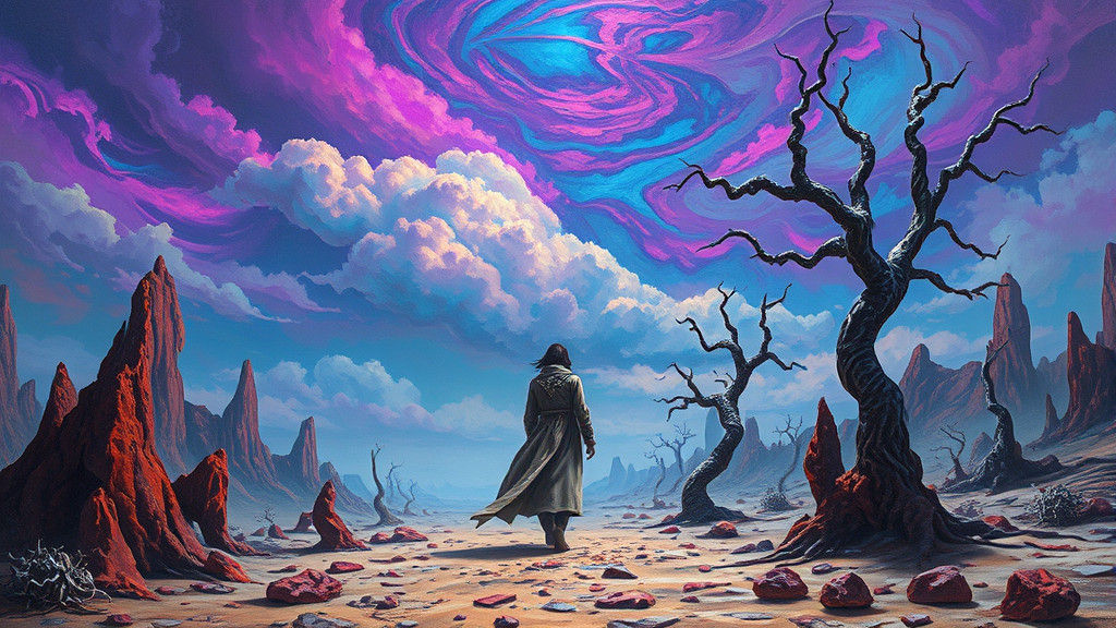 Alien Wanderer in Crimson Landscape: A Sci-Fi Dream