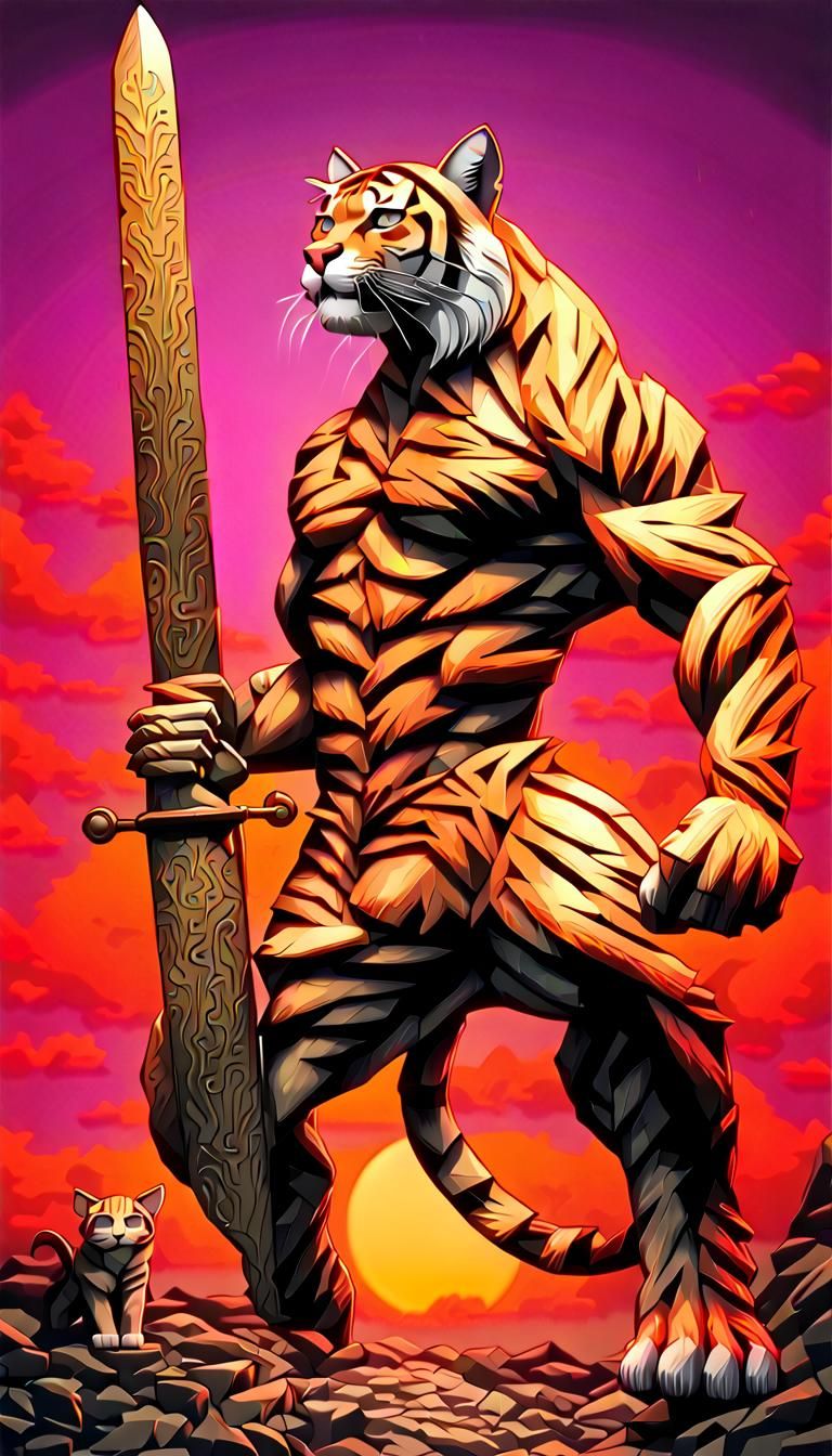 Feline Warrior with Sword in Neon Jungle, Digital Art