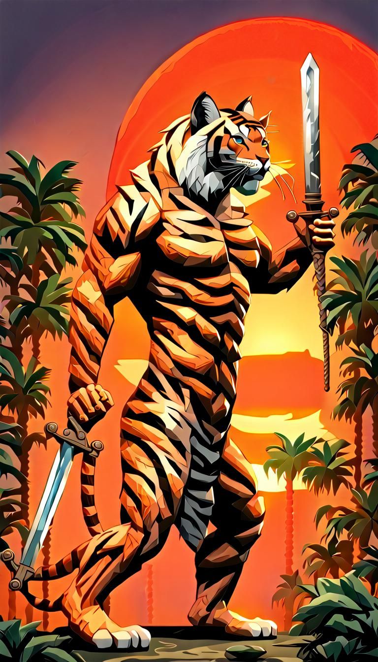 Tiger-Striped Feline Warrior in Neon Jungle, Digital Art