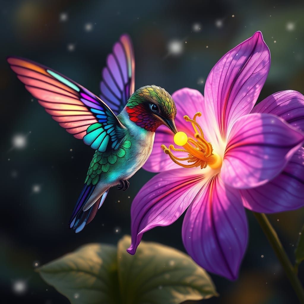 Bioluminescent Hummingbird with Stained Glass Wings