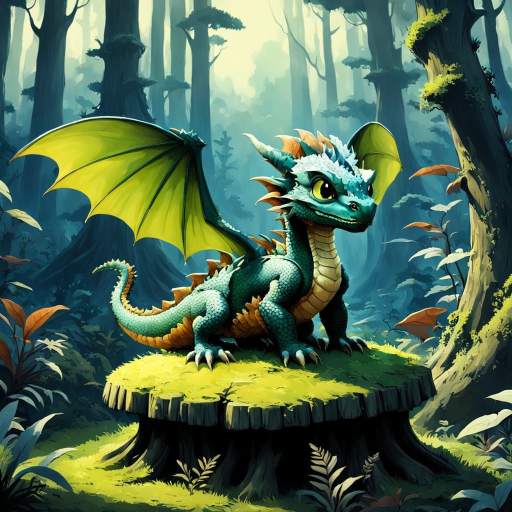 Majestic Baby Dragon in Whimsical Forest Scene