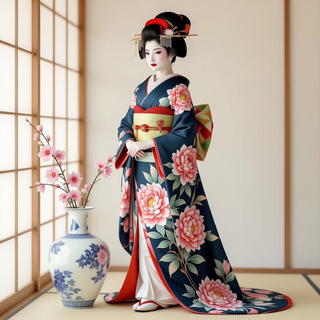 Elegant Geisha in Kimono with Peonies, Art Nouveau Style